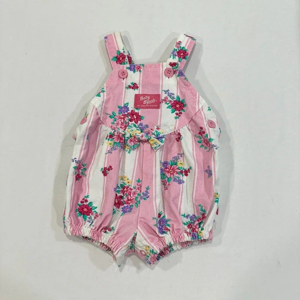 OshKosh Baby B'gosh Floral Striped‎ Romper Baby 3/6M Pink Bow Detail Cottagecore